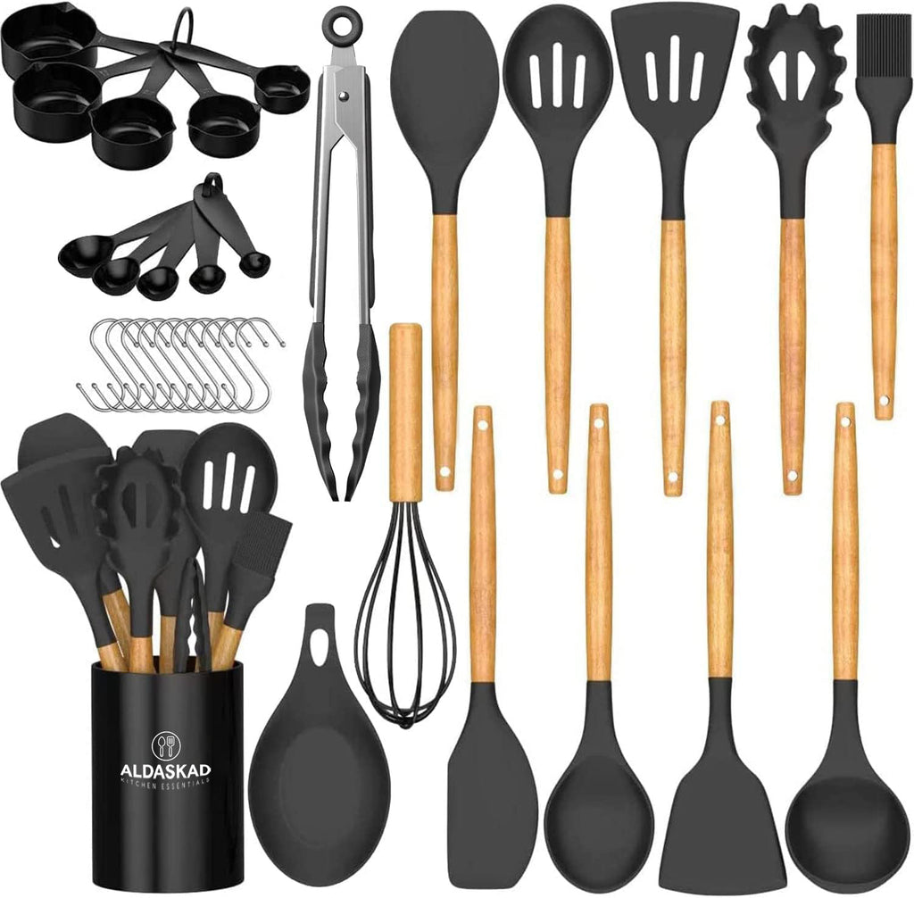 Aldaskad Silicone Kitchen Utensil Set with Wooden Handles for Non-Stick Cookware