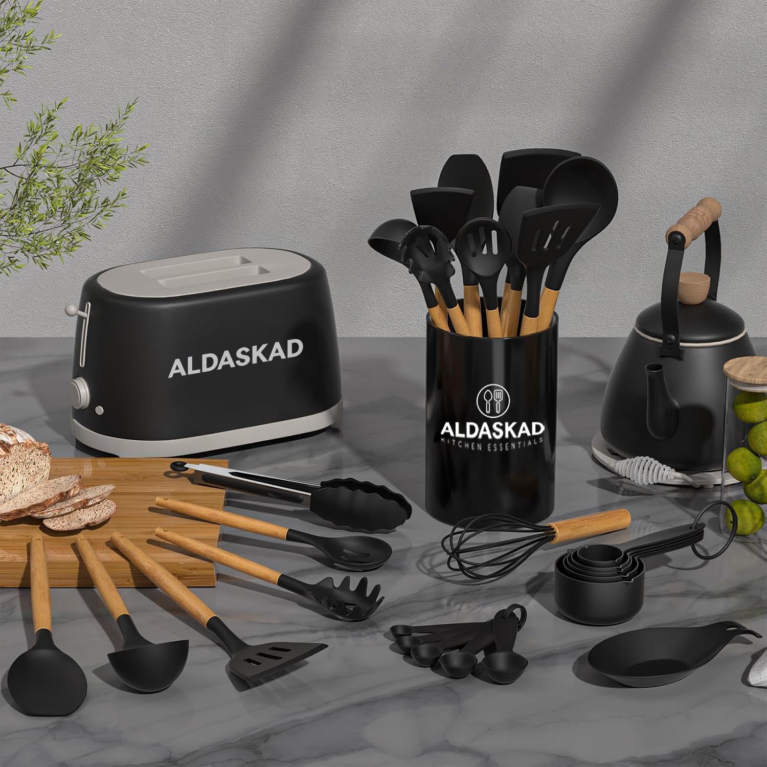 Aldaskad Silicone Kitchen Utensil Set with Wooden Handles for Non-Stick Cookware