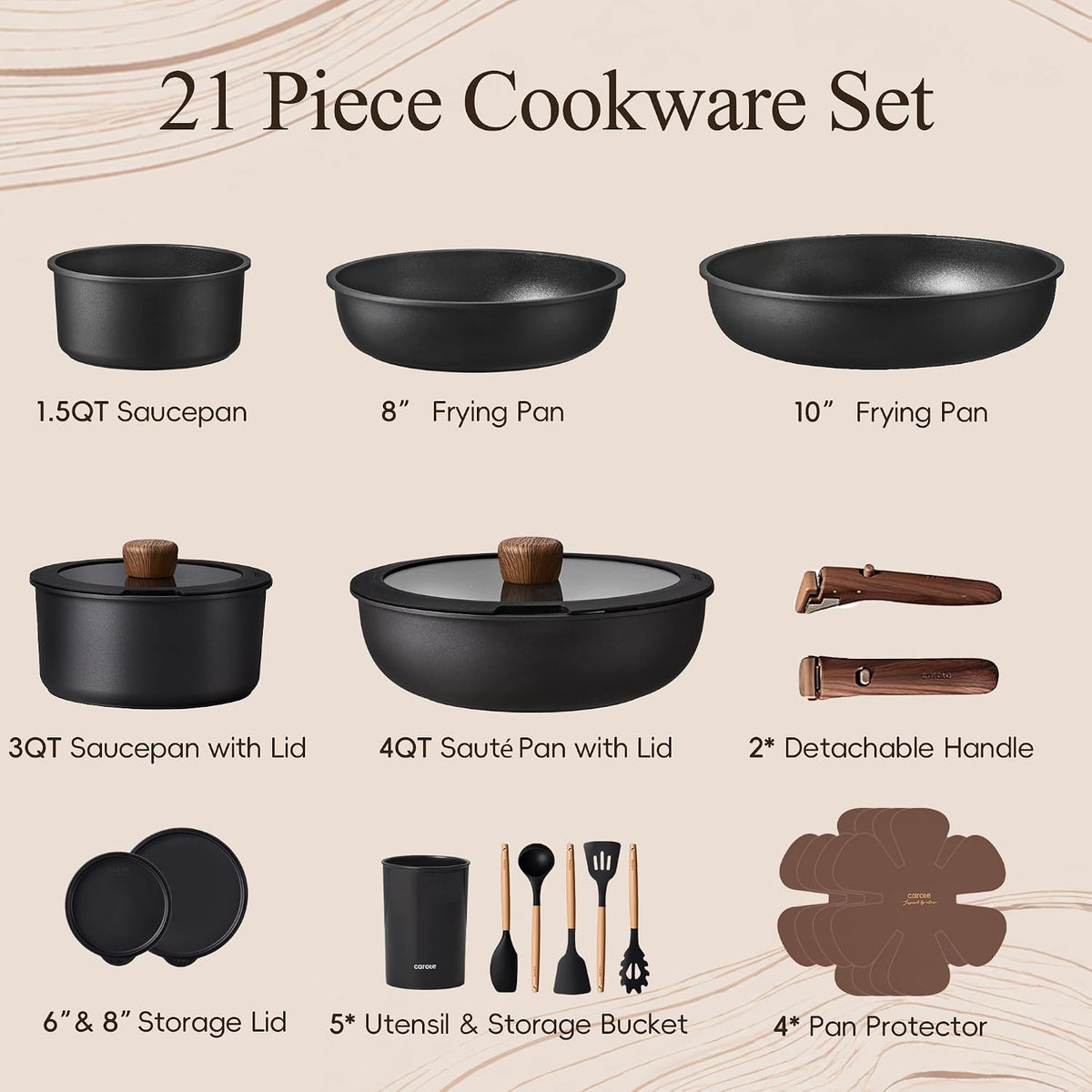 Aldaskad Nonstick Cookware Set 19 Piece Detachable Handles Induction Oven
