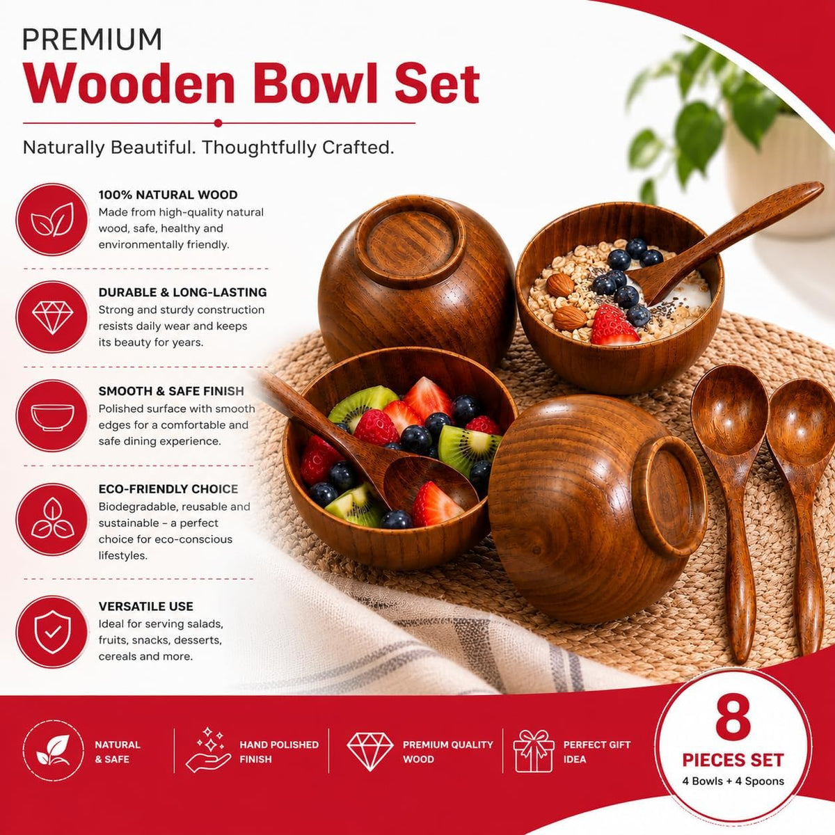 Aldaskad Wooden Rice Bowls 8 Piece 4 Inch Deep Footed Set