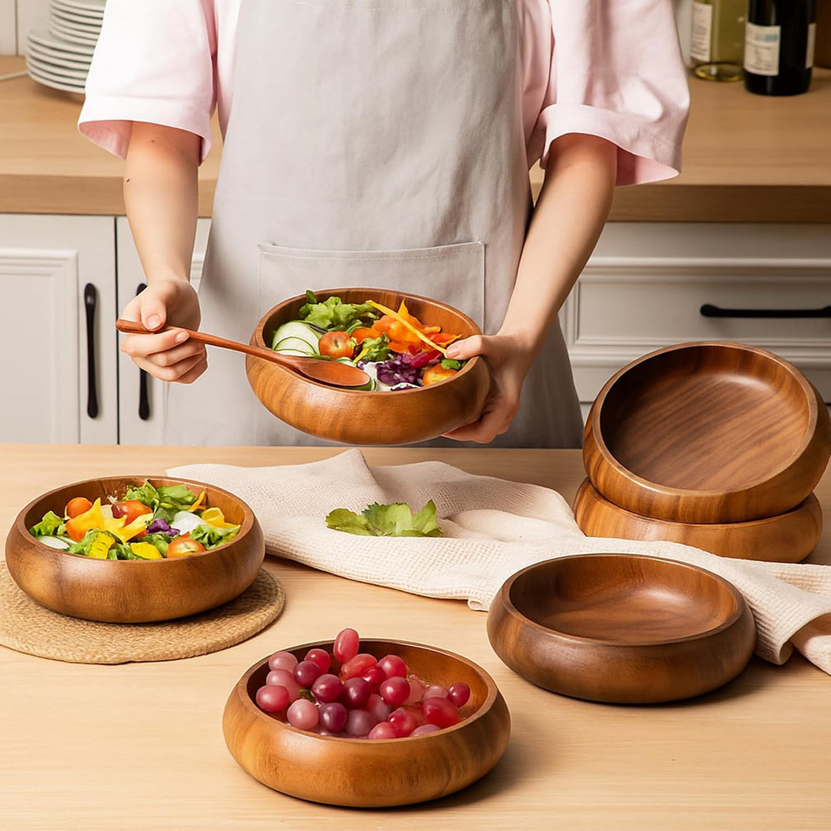 Aldaskad Acacia Wood Calabash Bowls 7.87 Inch 6 Piece Serving
