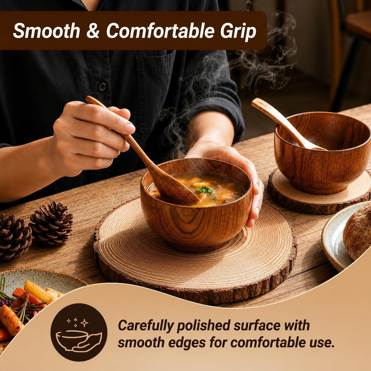 Aldaskad Wooden Rice Bowls 8 Piece 4 Inch Deep Footed Set