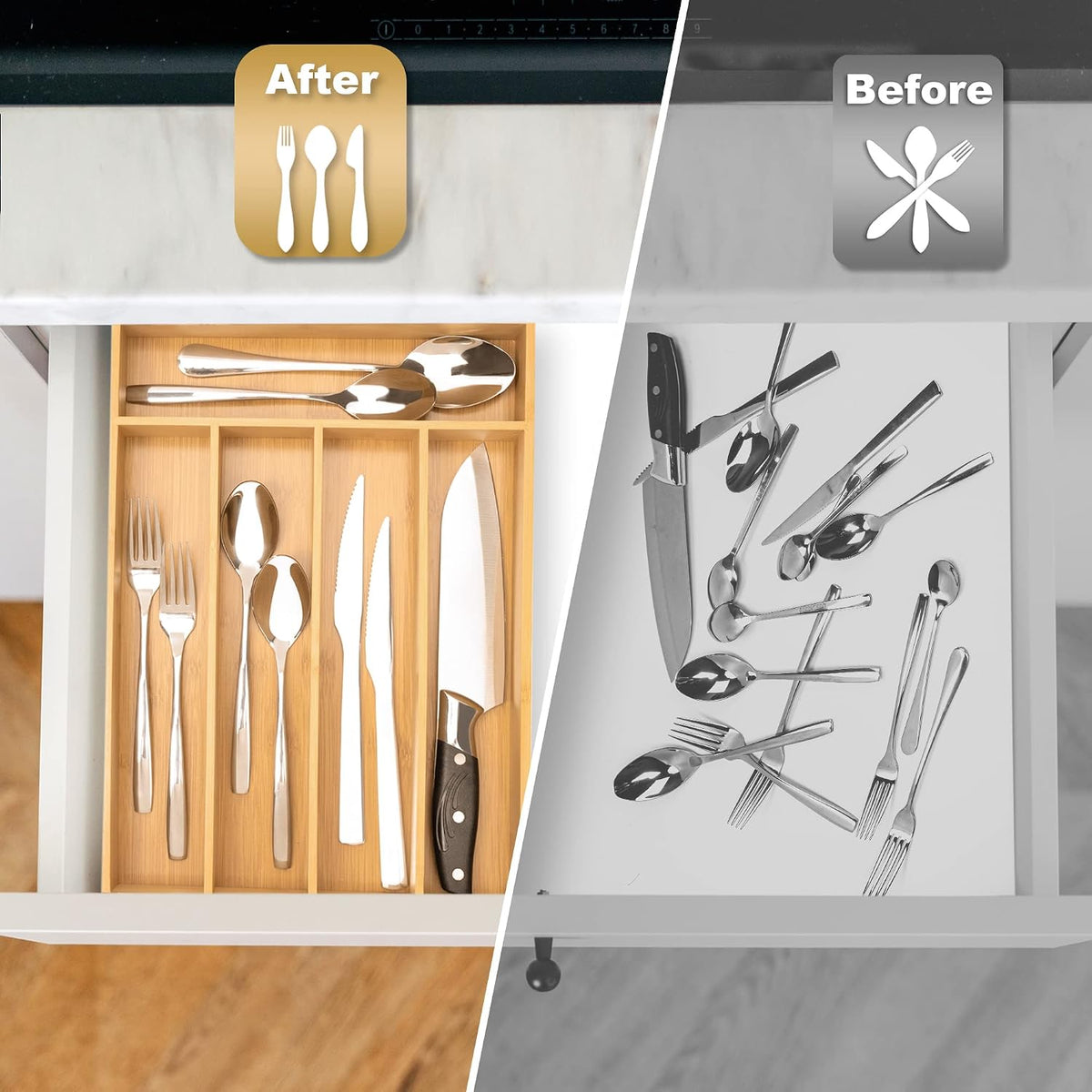 Aldaskad Bamboo Silverware Organizer 5 Compartment Deep Drawer Utensil Tray