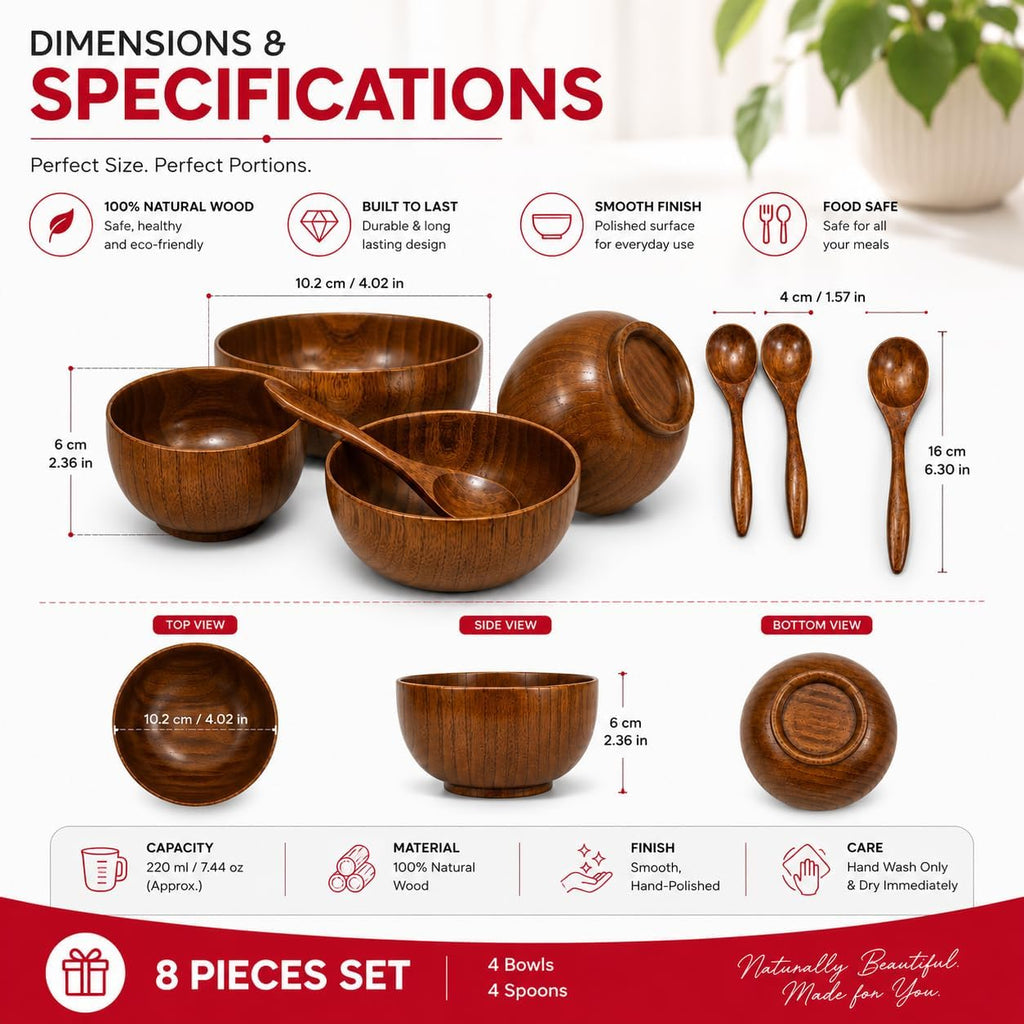 Aldaskad Wooden Rice Bowls 8 Piece 4 Inch Deep Footed Set