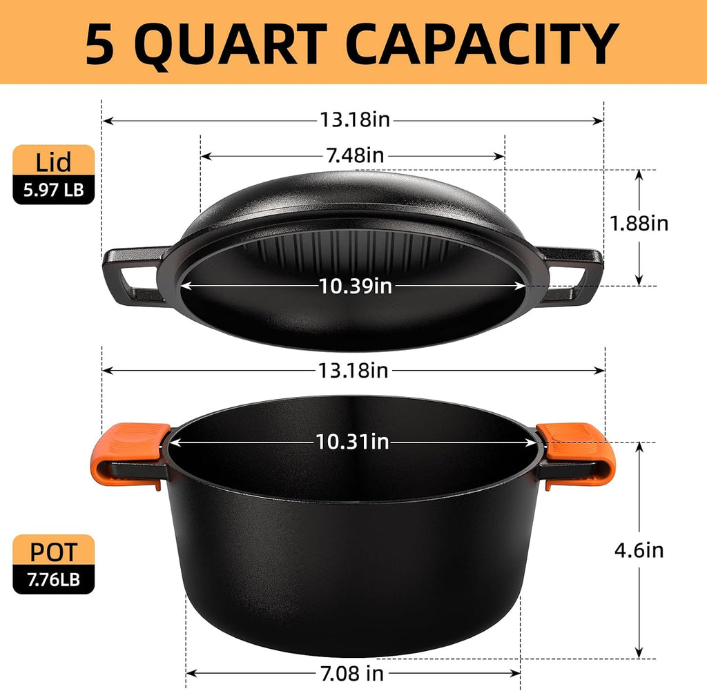 Aldaskad Pre-Seasoned Cast Iron Dutch Oven and Skillet Lid Set