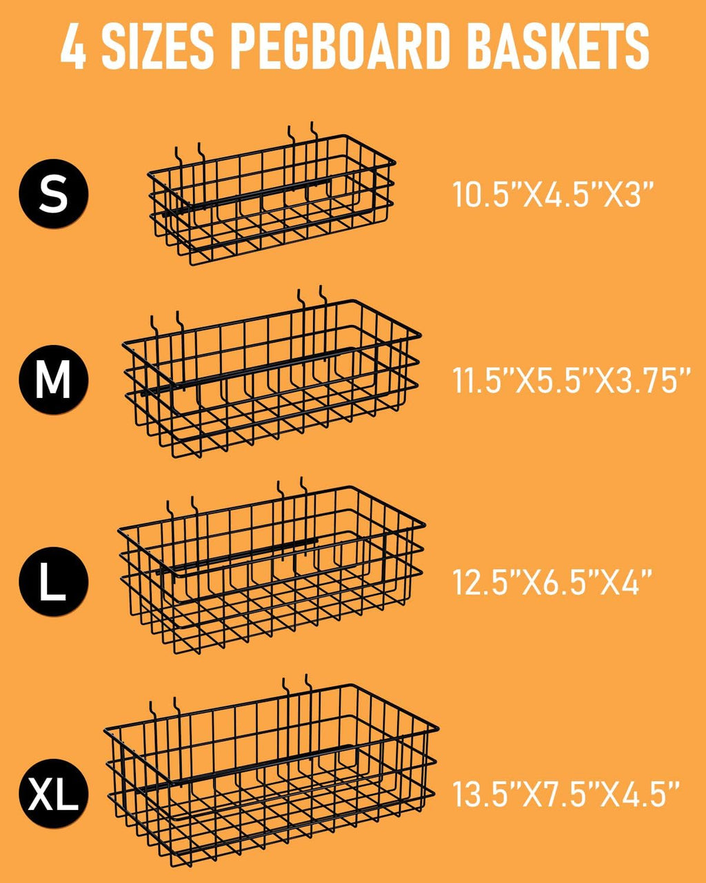 ALDASKAD 4-Pack Heavy-Duty Metal Pegboard Wire Baskets Set (S, M, L, XL)