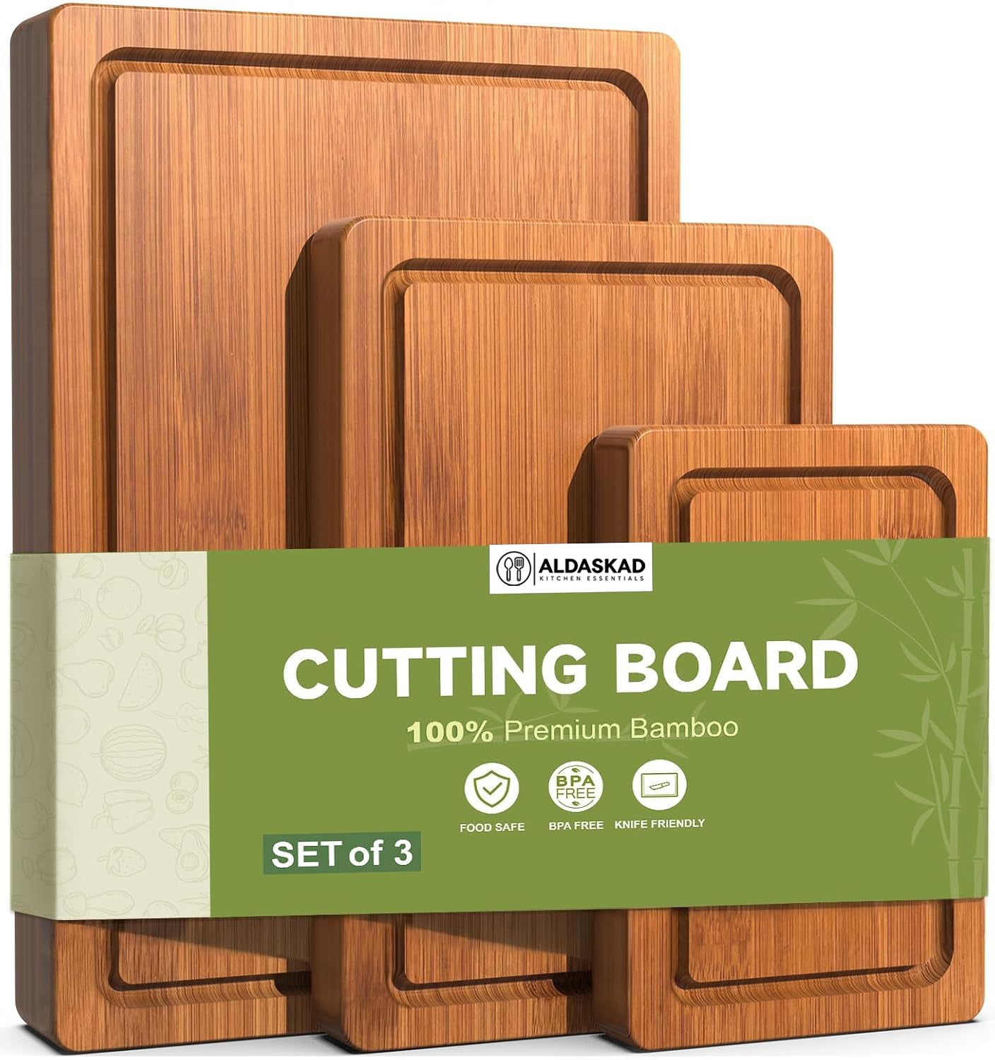 Woodenhouse 3-Piece Carbonized Bamboo Cutting Board Set with Deep Juice Grooves