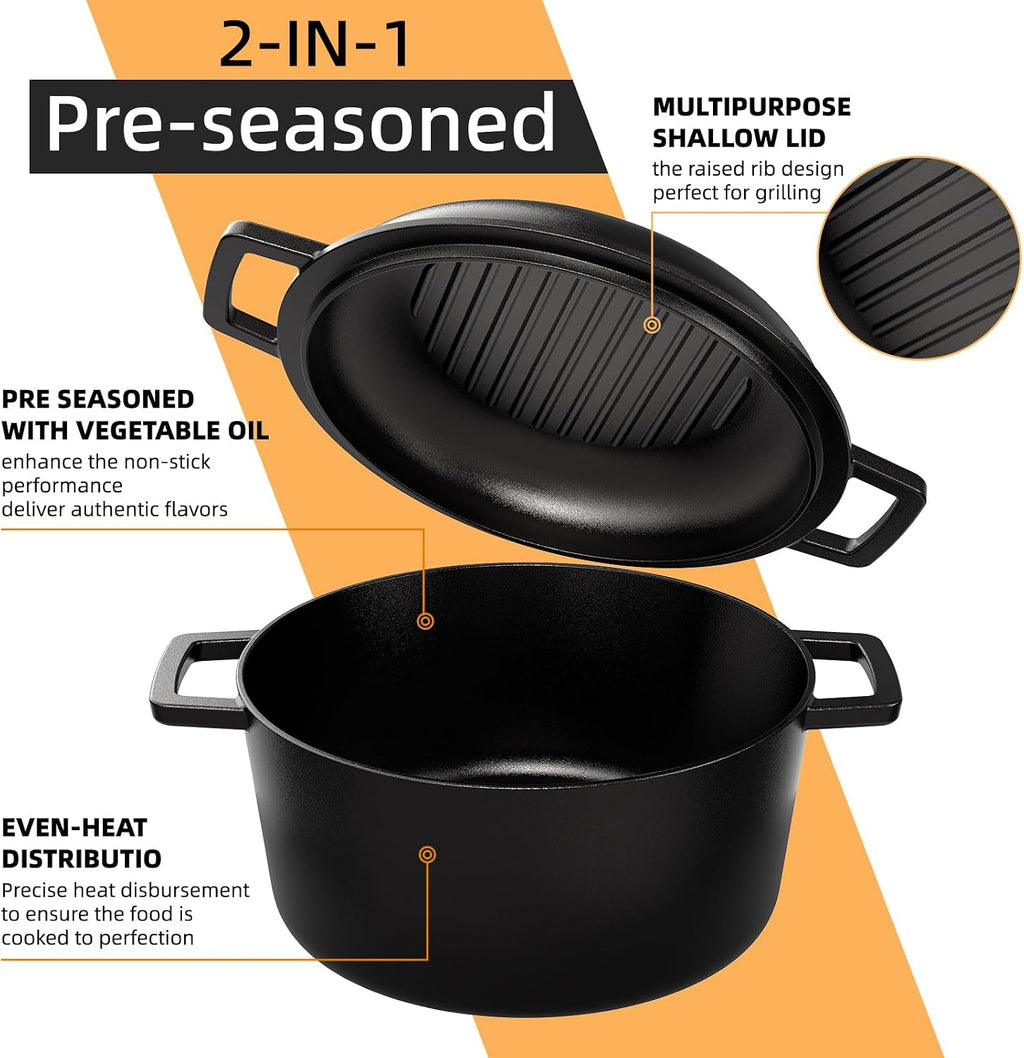 Aldaskad Pre-Seasoned Cast Iron Dutch Oven and Skillet Lid Set