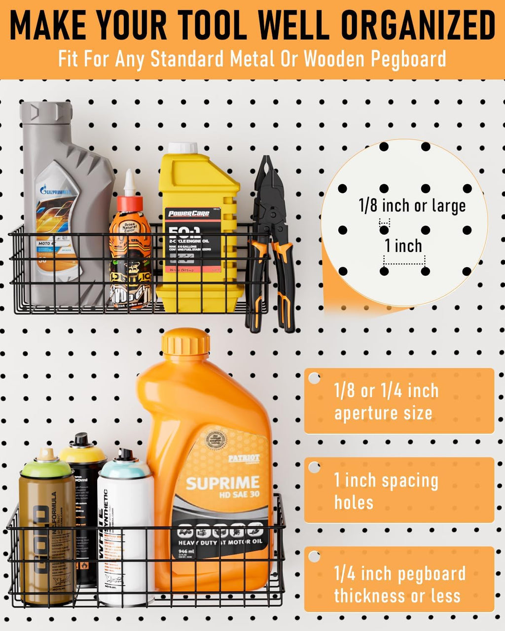 ALDASKAD 4-Pack Heavy-Duty Metal Pegboard Wire Baskets Set (S, M, L, XL)