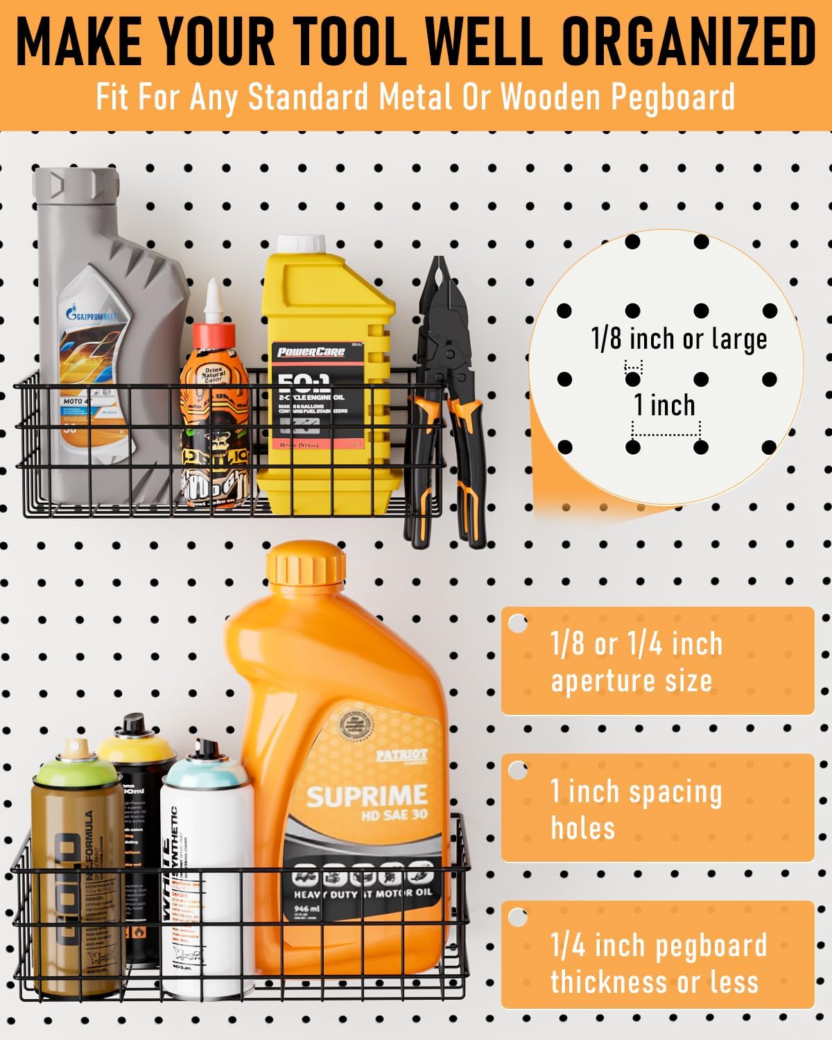 ALDASKAD 4-Pack Heavy-Duty Metal Pegboard Wire Baskets Set (S, M, L, XL)