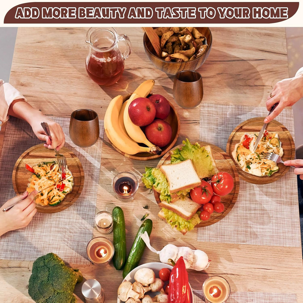 Aldaskad Acacia Wood Dinnerware Set 16 Piece Plates Bowls Cups