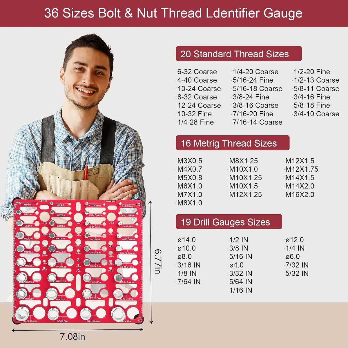 ALDASKAD 55-Size Nut and Bolt Thread Gauge & Drill Bit Checker Board