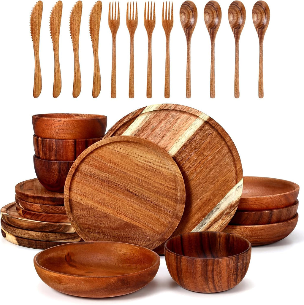 Aldaskad Acacia Wood Dinnerware Set 28 Piece Plates Bowls Utensils