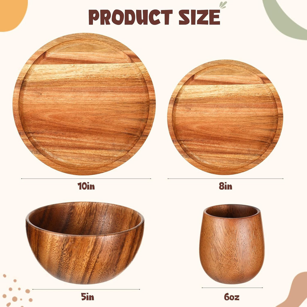 Aldaskad Acacia Wood Dinnerware Set 16 Piece Plates Bowls Cups