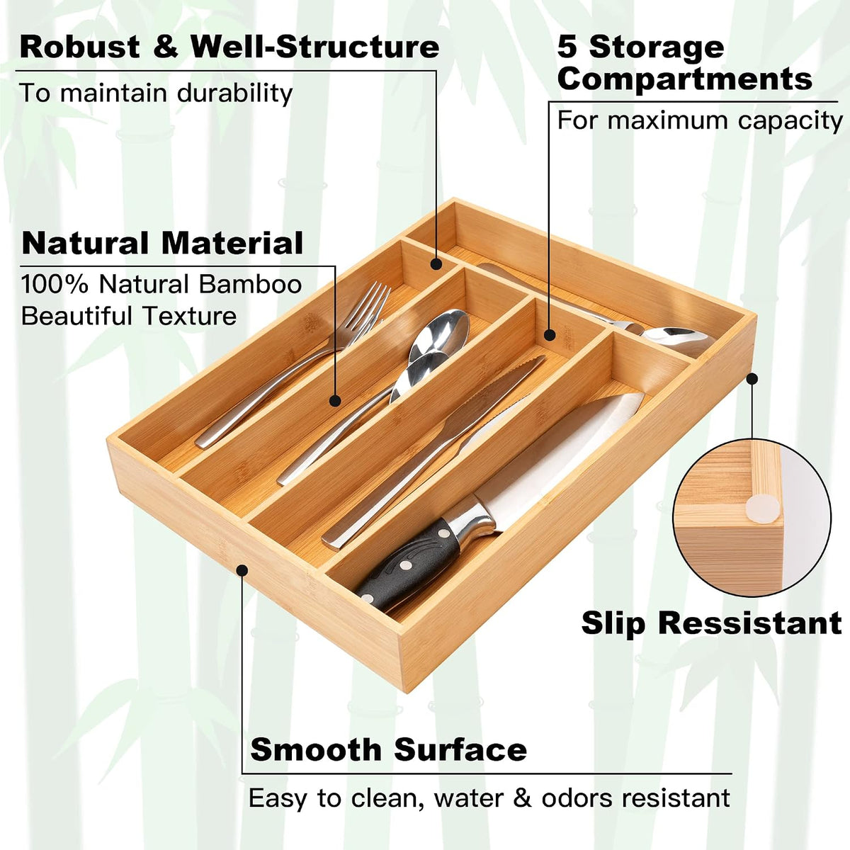 Aldaskad Bamboo Silverware Organizer 5 Compartment Deep Drawer Utensil Tray