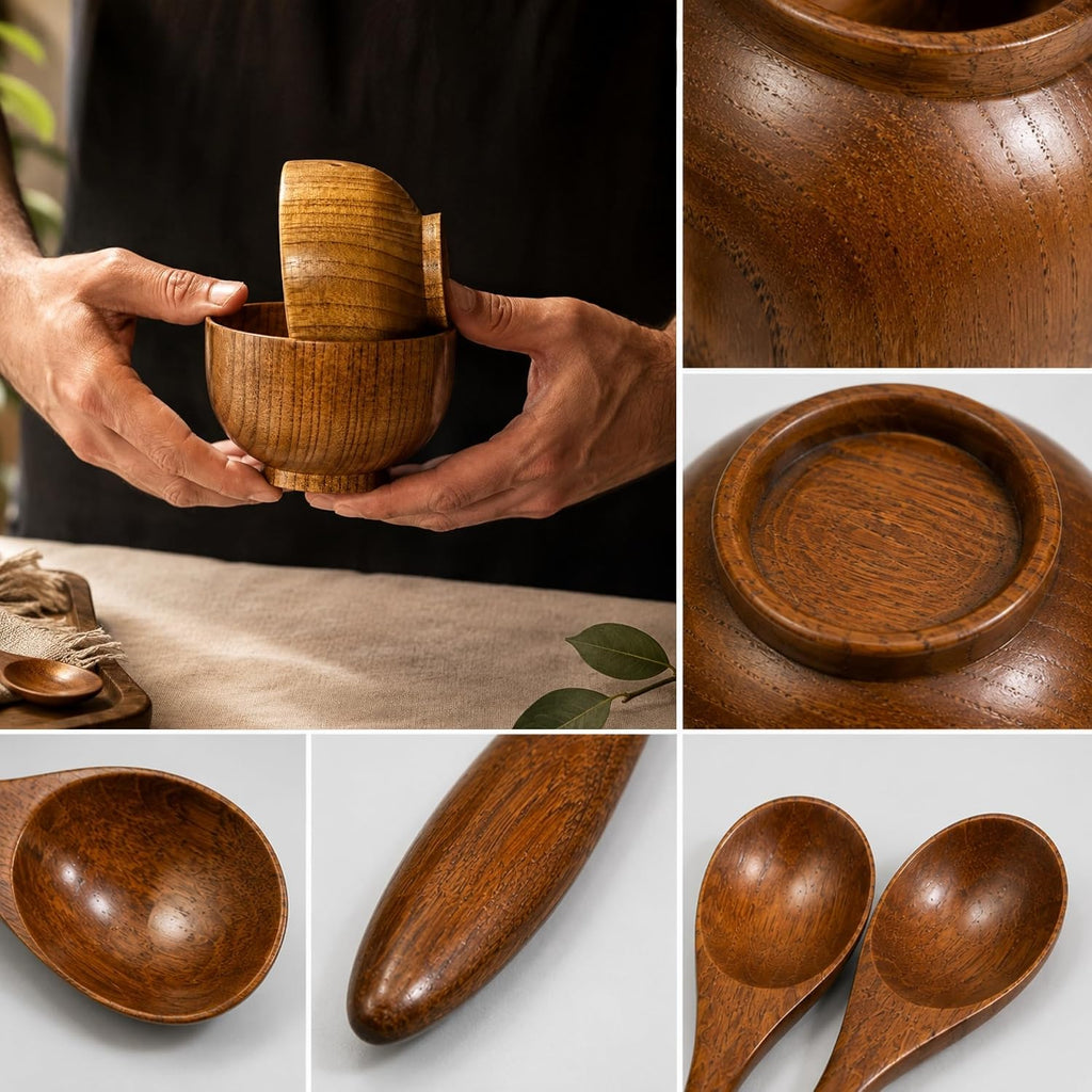 Aldaskad Wooden Rice Bowls 8 Piece 4 Inch Deep Footed Set
