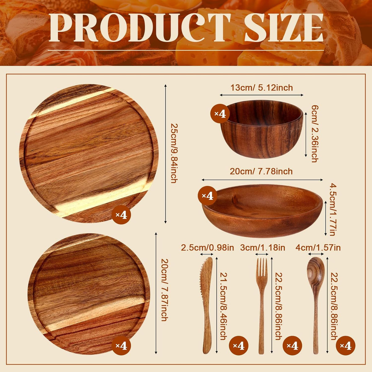 Aldaskad Acacia Wood Dinnerware Set 28 Piece Plates Bowls Utensils