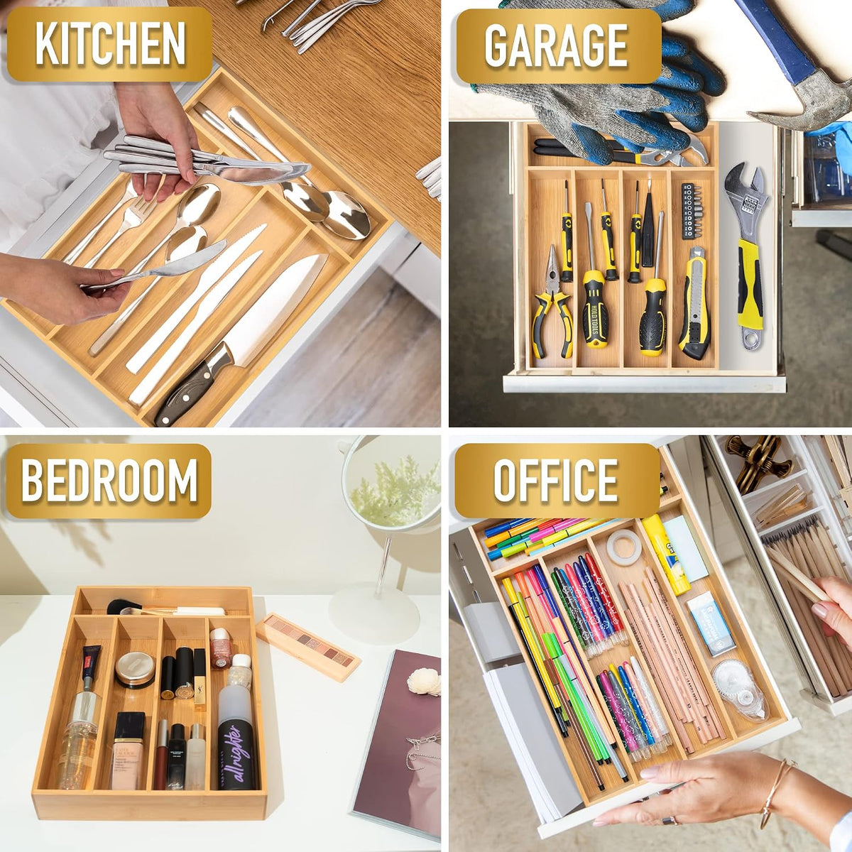 Aldaskad Bamboo Silverware Organizer 5 Compartment Deep Drawer Utensil Tray