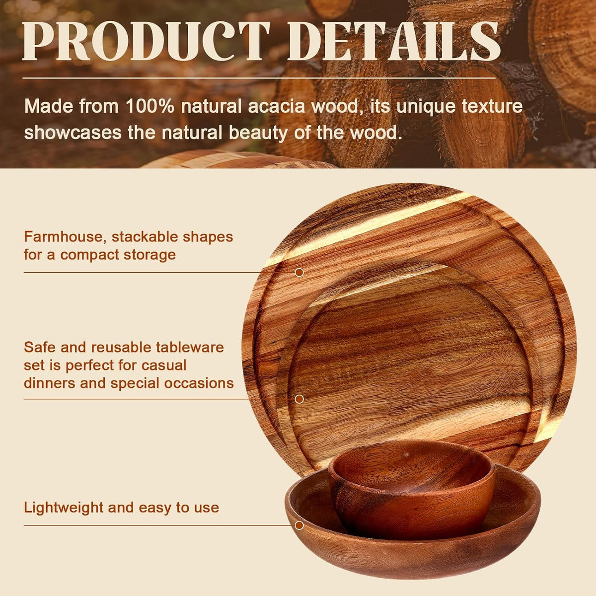 Aldaskad Acacia Wood Dinnerware Set 28 Piece Plates Bowls Utensils