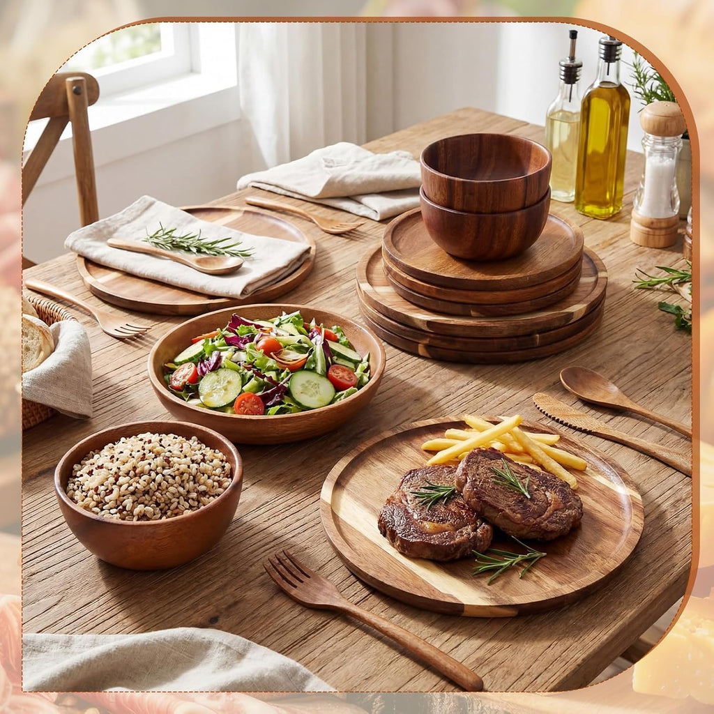 Aldaskad Acacia Wood Dinnerware Set 28 Piece Plates Bowls Utensils