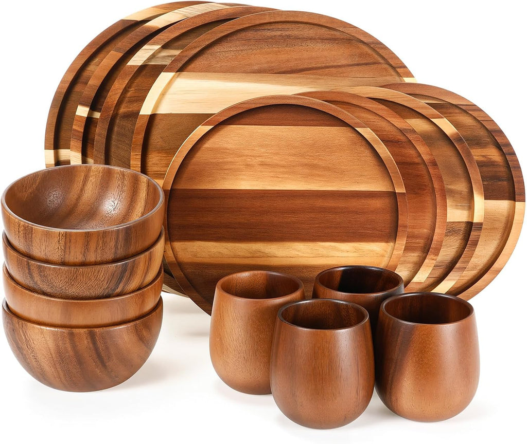 Aldaskad Acacia Wood Dinnerware Set 16 Piece Plates Bowls Cups