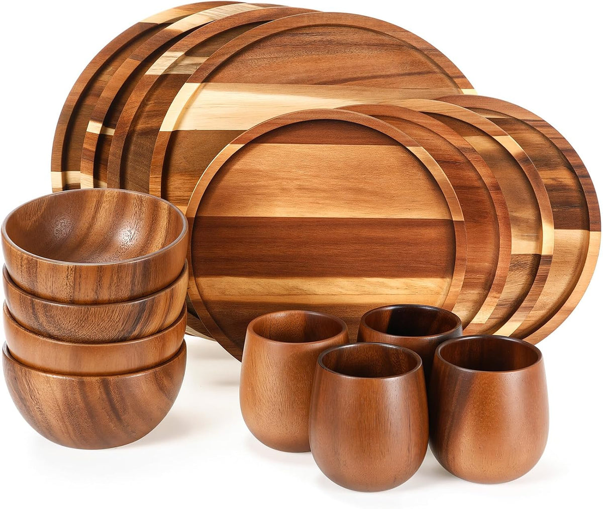 Aldaskad Acacia Wood Dinnerware Set 16 Piece Plates Bowls Cups