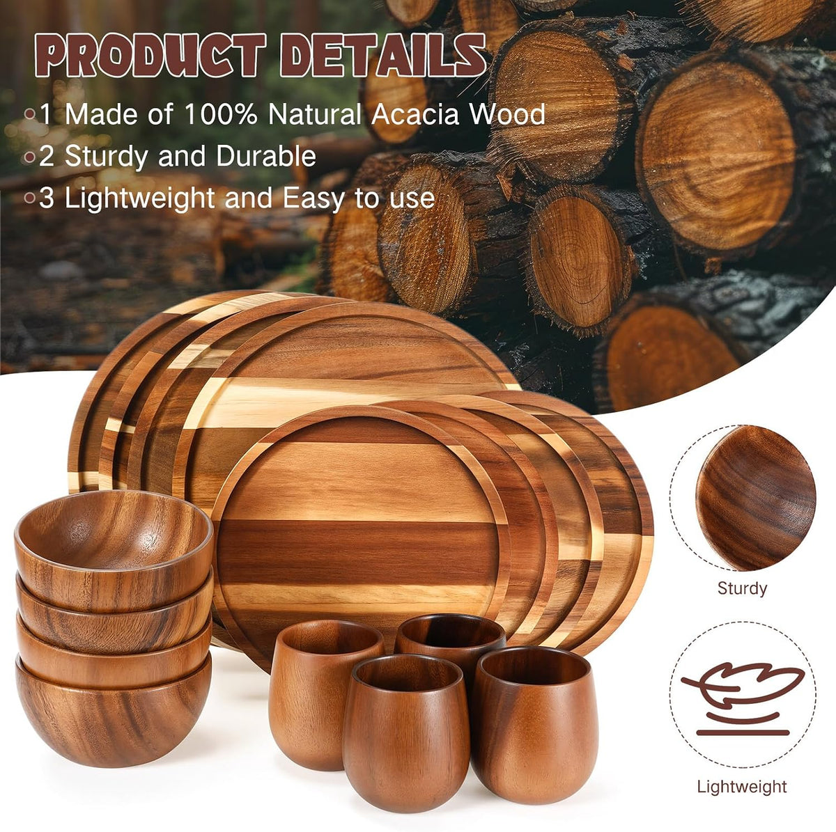 Aldaskad Acacia Wood Dinnerware Set 16 Piece Plates Bowls Cups