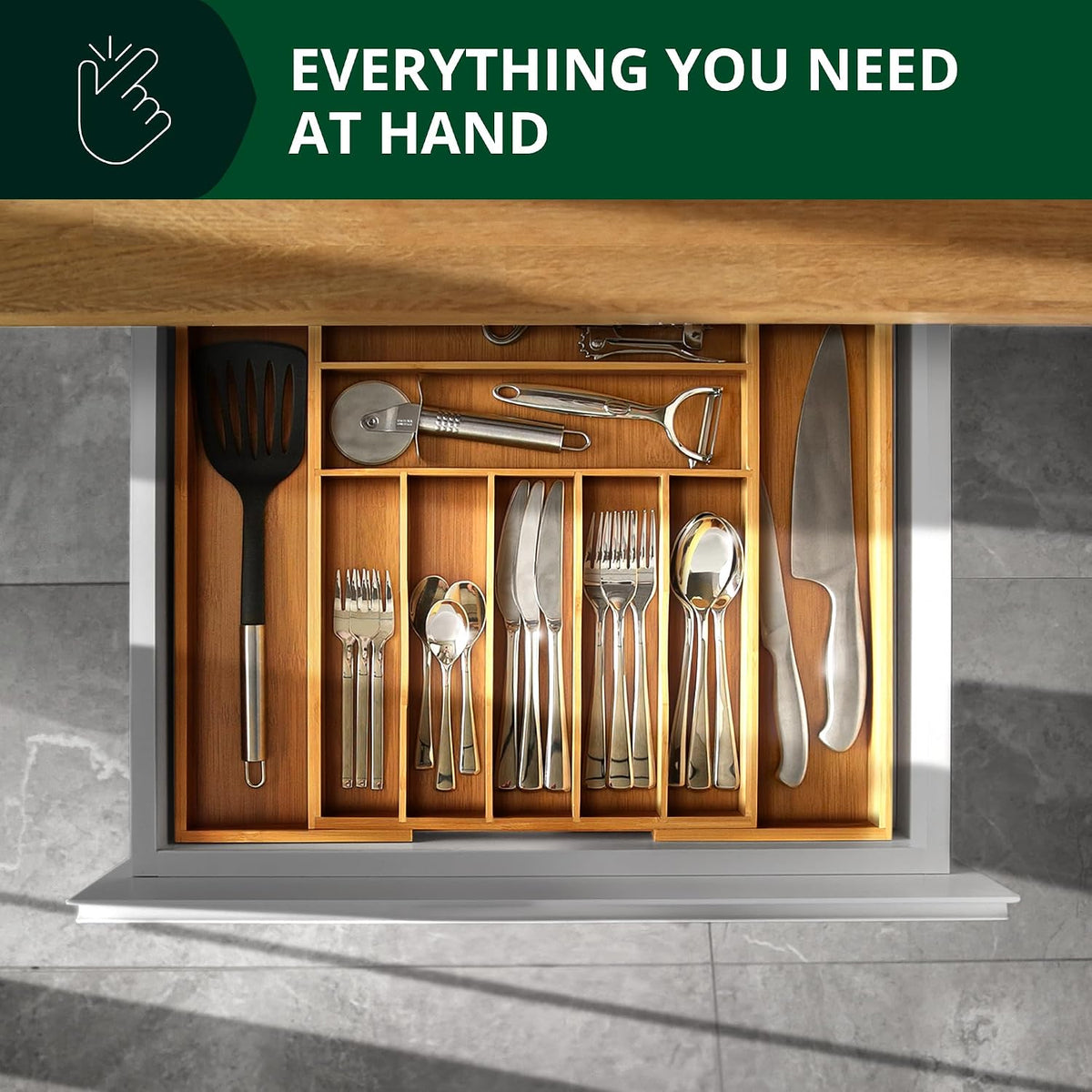 Aldaskad Expandable Bamboo Drawer Organizer 9 Slot Utensil Silverware Tray
