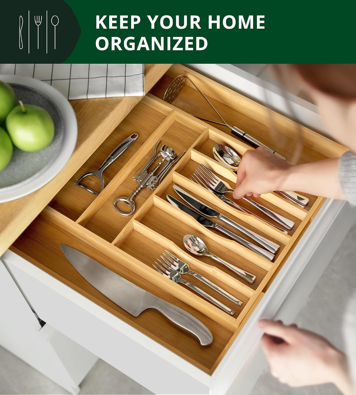 Aldaskad Expandable Bamboo Drawer Organizer 9 Slot Utensil Silverware Tray