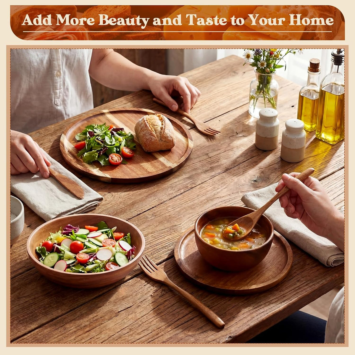 Aldaskad Acacia Wood Dinnerware Set 28 Piece Plates Bowls Utensils