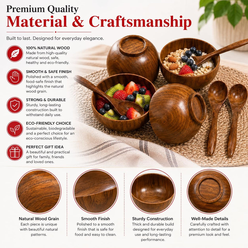 Aldaskad Wooden Rice Bowls 8 Piece 4 Inch Deep Footed Set