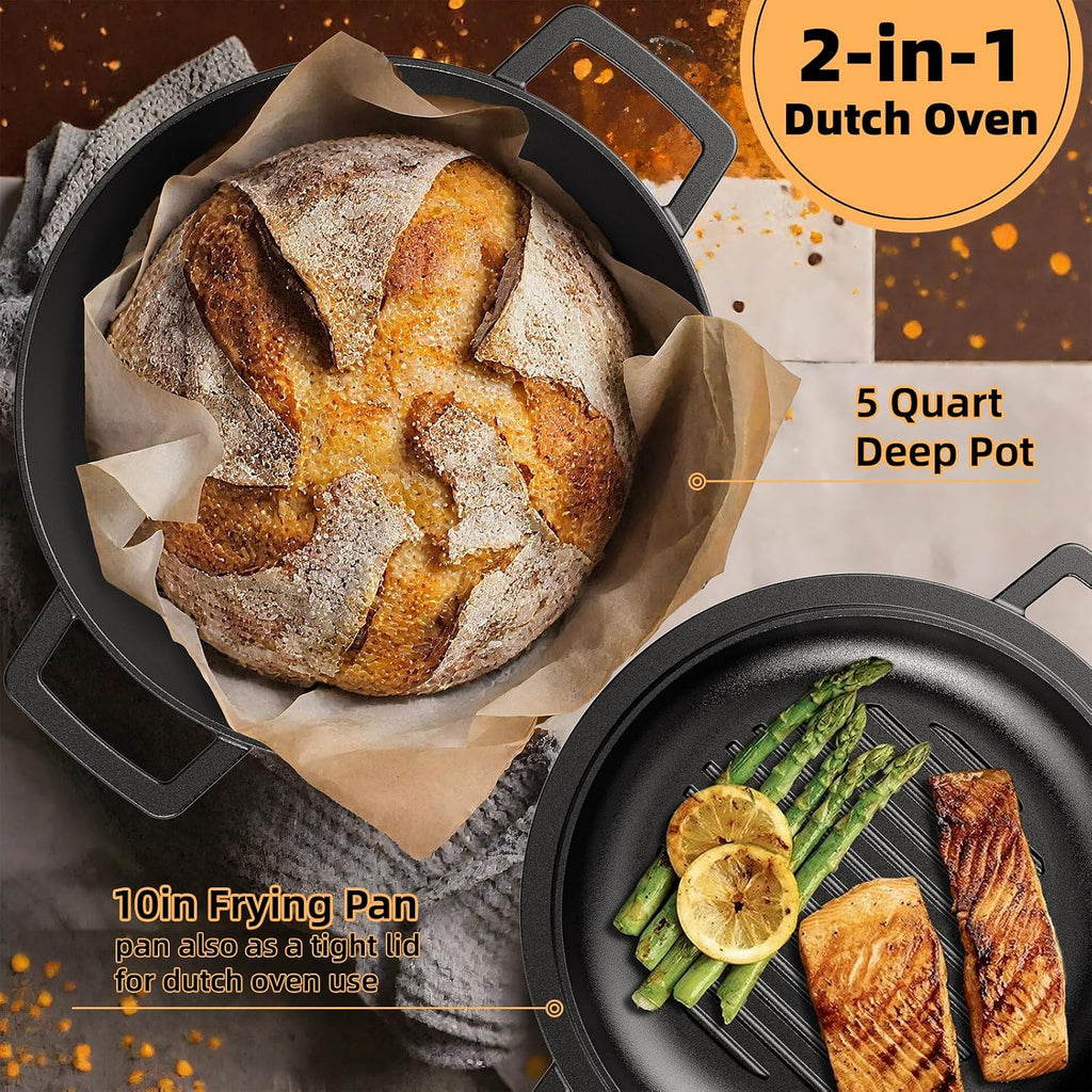 Aldaskad Pre-Seasoned Cast Iron Dutch Oven and Skillet Lid Set