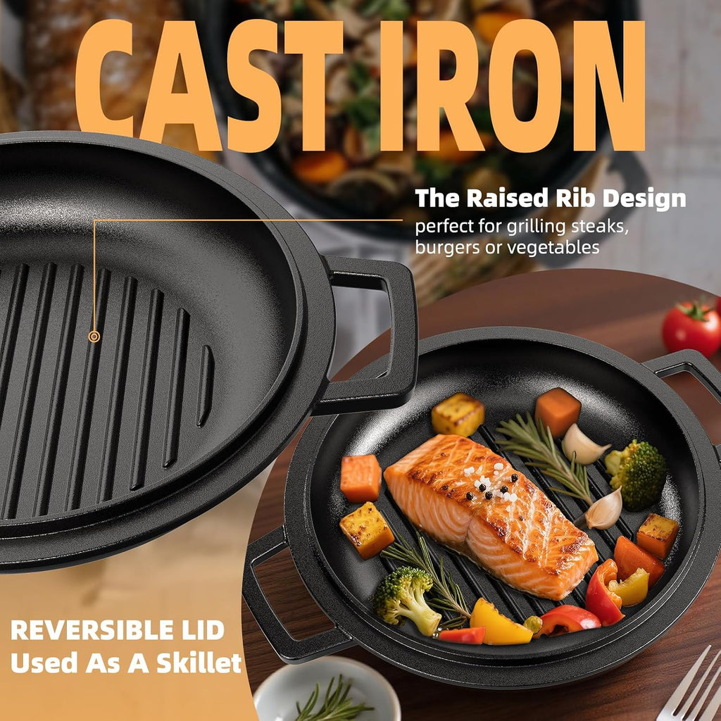 Aldaskad Pre-Seasoned Cast Iron Dutch Oven and Skillet Lid Set