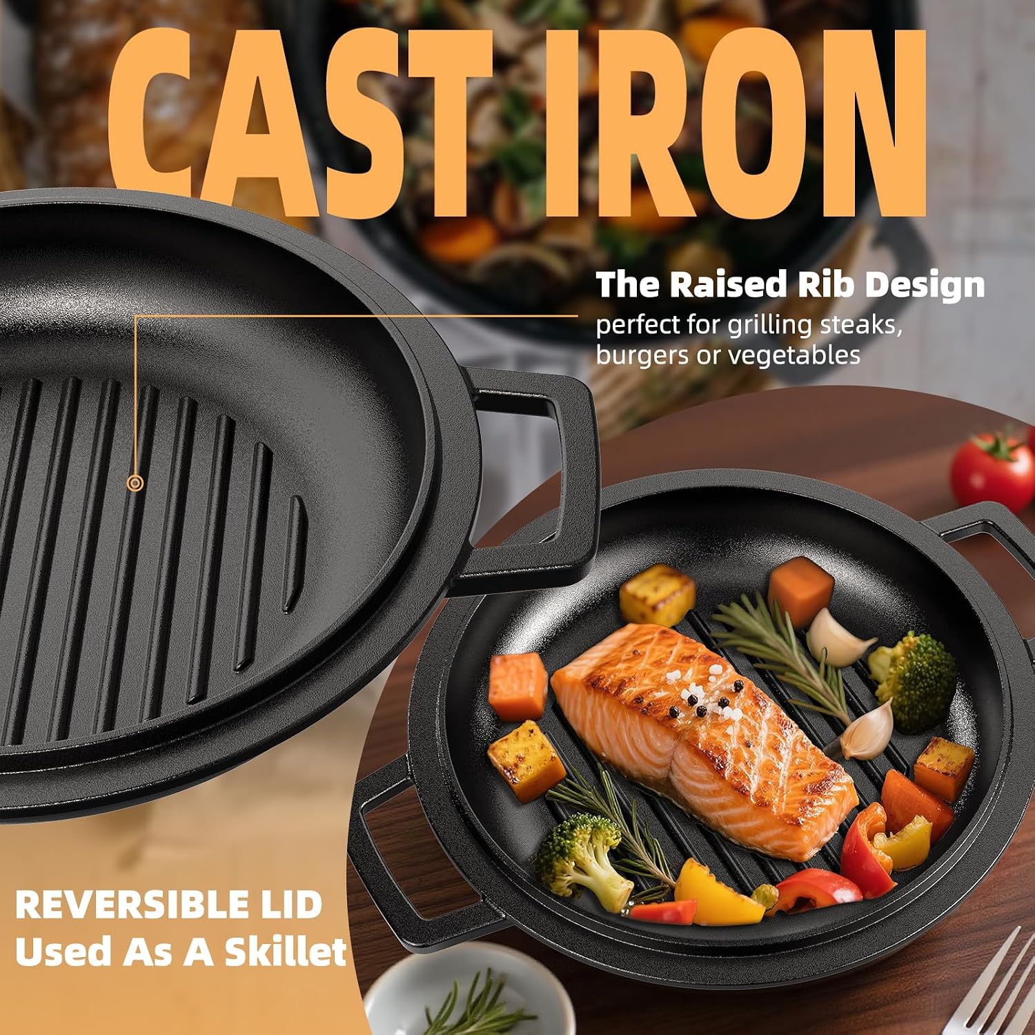 Aldaskad Pre-Seasoned Cast Iron Dutch Oven and Skillet Lid Set
