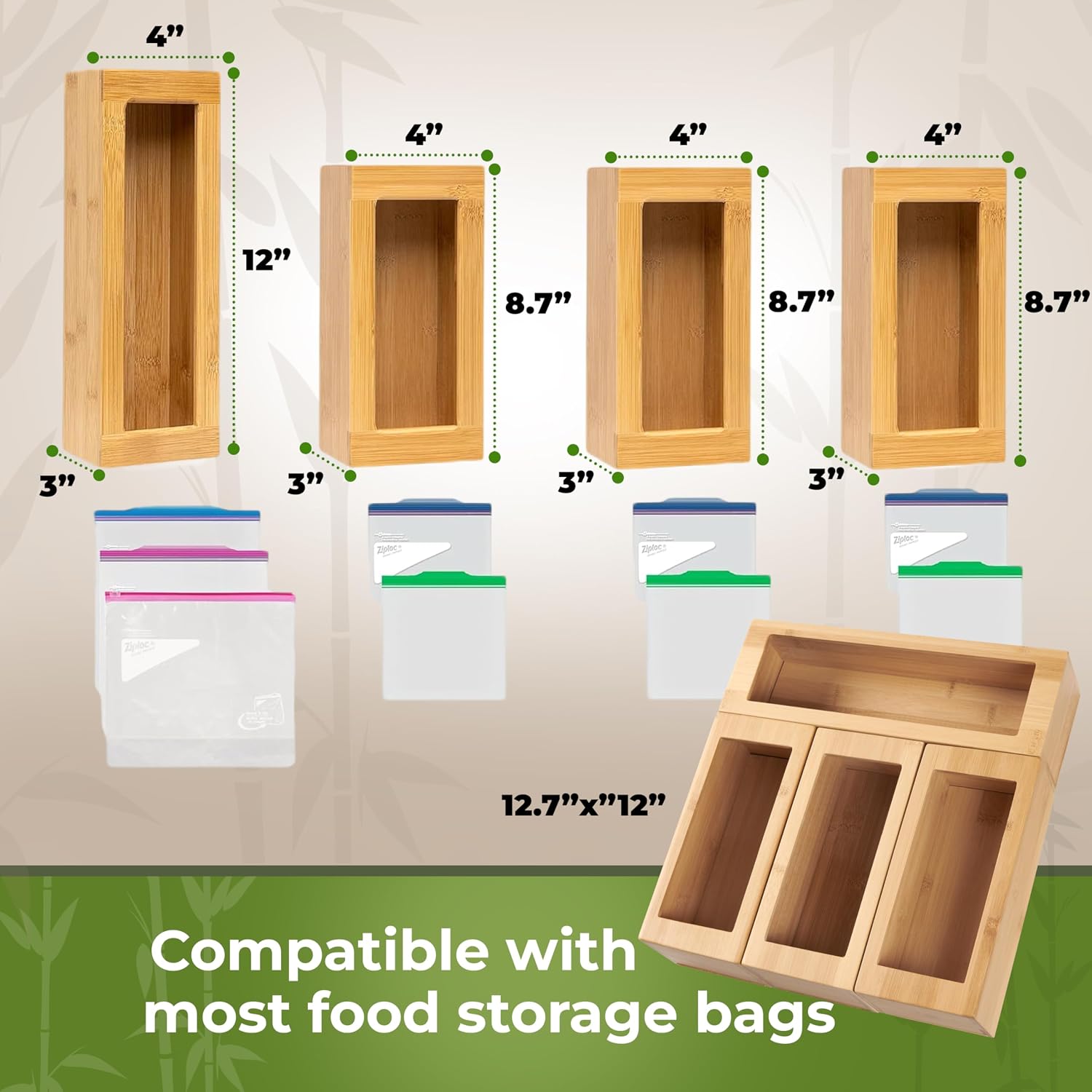 Woodenhouse Modular Bamboo Food Storage Bag Organizer (4-Piece Set)
