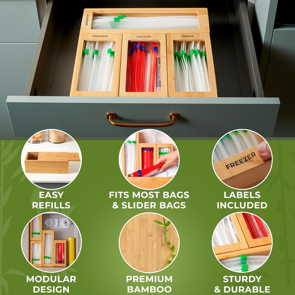 Woodenhouse Modular Bamboo Food Storage Bag Organizer (4-Piece Set)