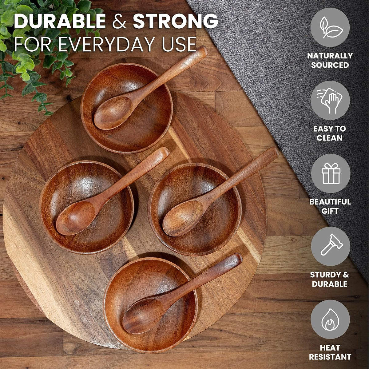 Aldaskad Teak Wood Dipping Bowls Set 8 Piece Mini Serving Spoons