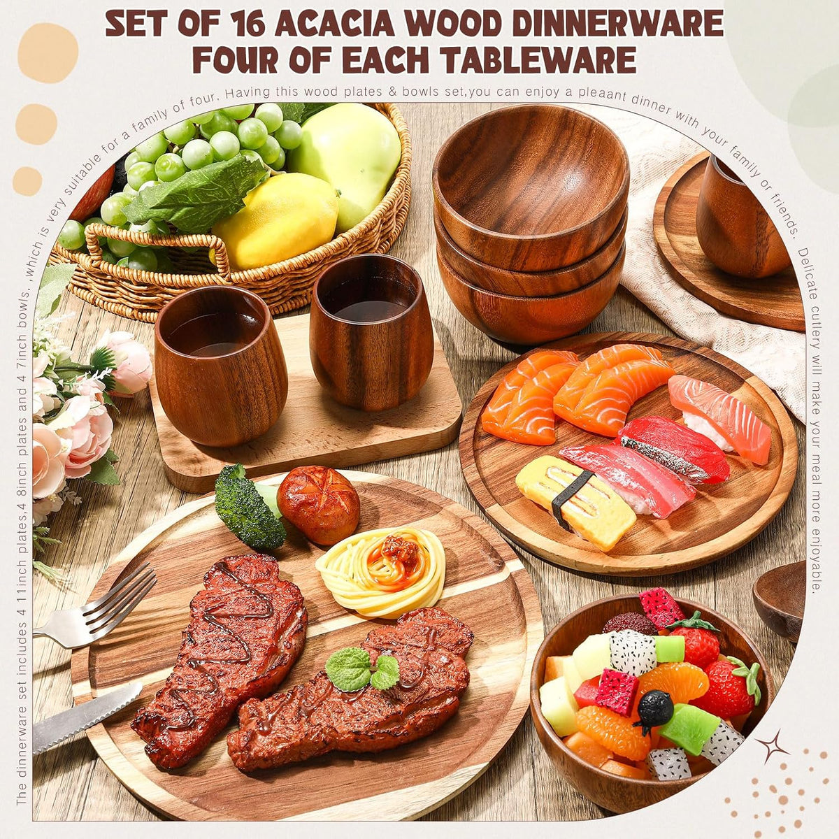 Aldaskad Acacia Wood Dinnerware Set 16 Piece Plates Bowls Cups