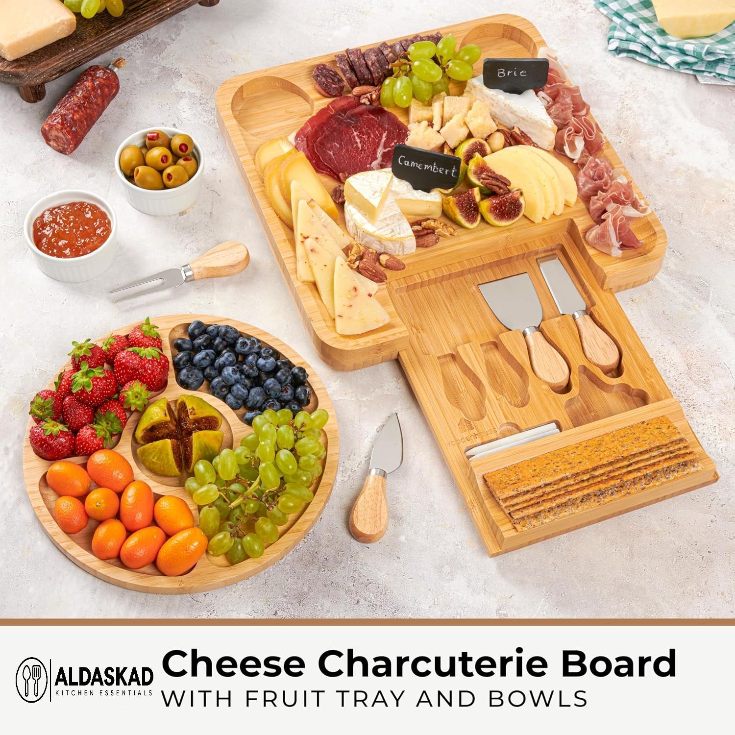 ALDASKAD Premium Bamboo Charcuterie Board Set – Extra Large Cheese Board with Hidden Drawer & Utensil Set