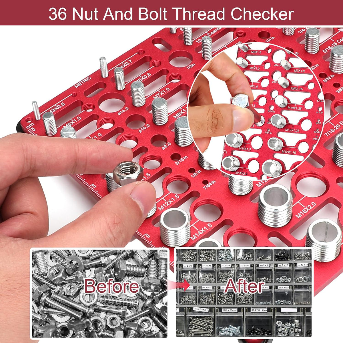 ALDASKAD 55-Size Nut and Bolt Thread Gauge & Drill Bit Checker Board