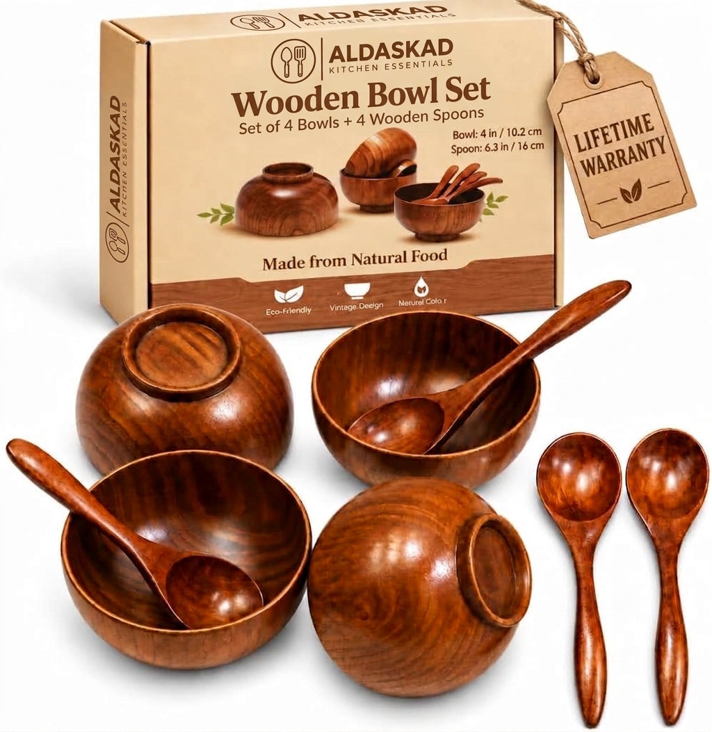 Aldaskad Wooden Rice Bowls 8 Piece 4 Inch Deep Footed Set