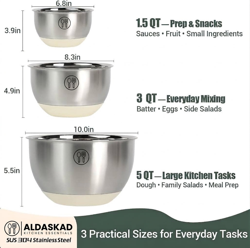 Aldaskad 304 Stainless Steel Mixing Bowls Set 3 Piece Nesting