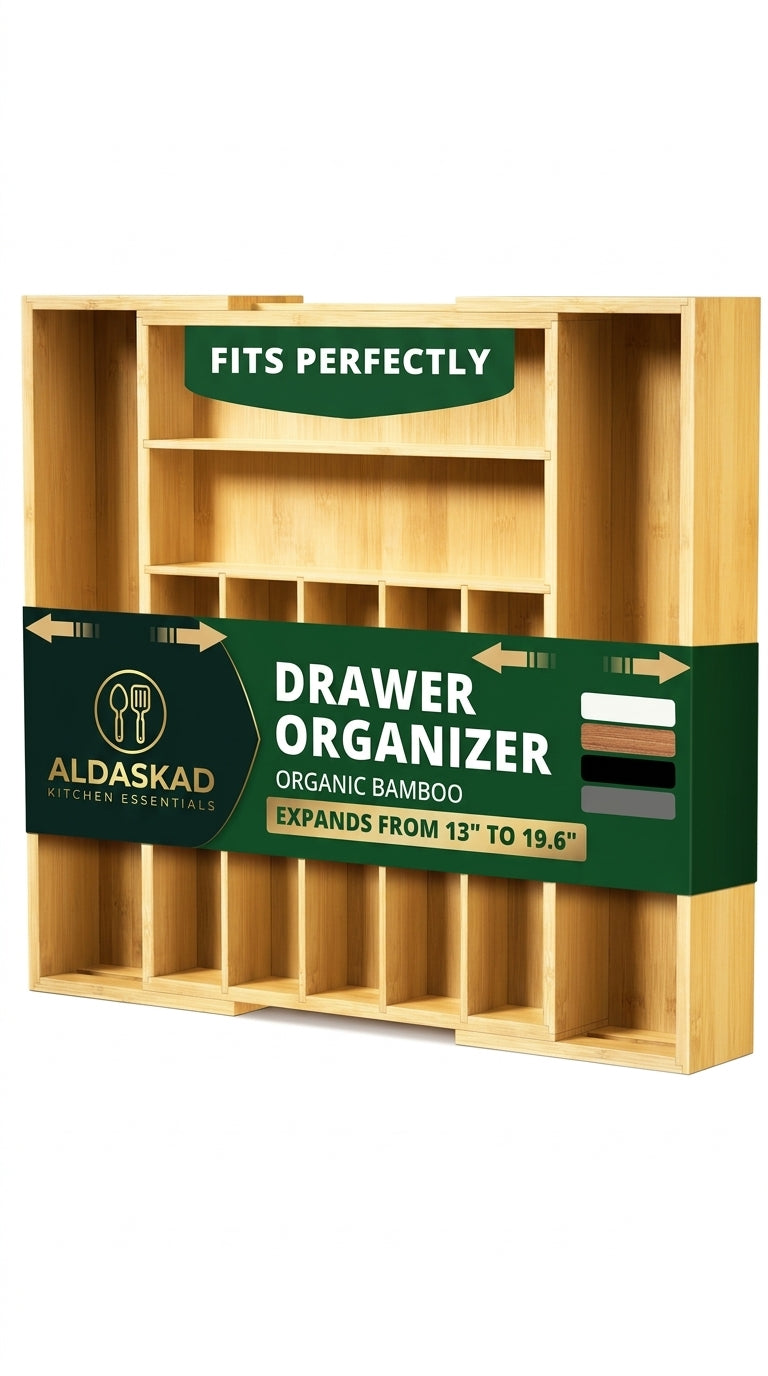 Aldaskad Expandable Bamboo Drawer Organizer 9 Slot Utensil Silverware Tray