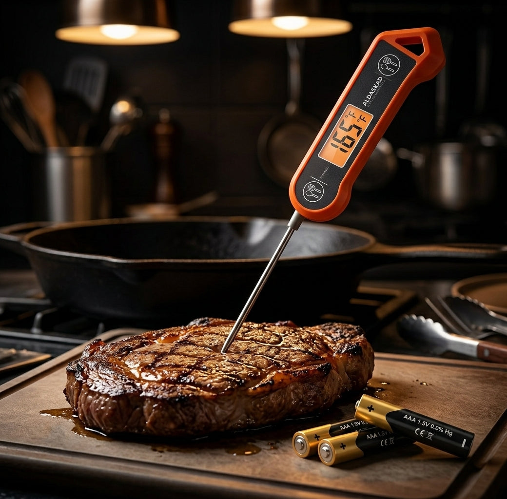 ALDASKAD Instant Read Digital Meat Thermometer – Waterproof Kitchen Thermometer with Auto-Rotating Backlit Display