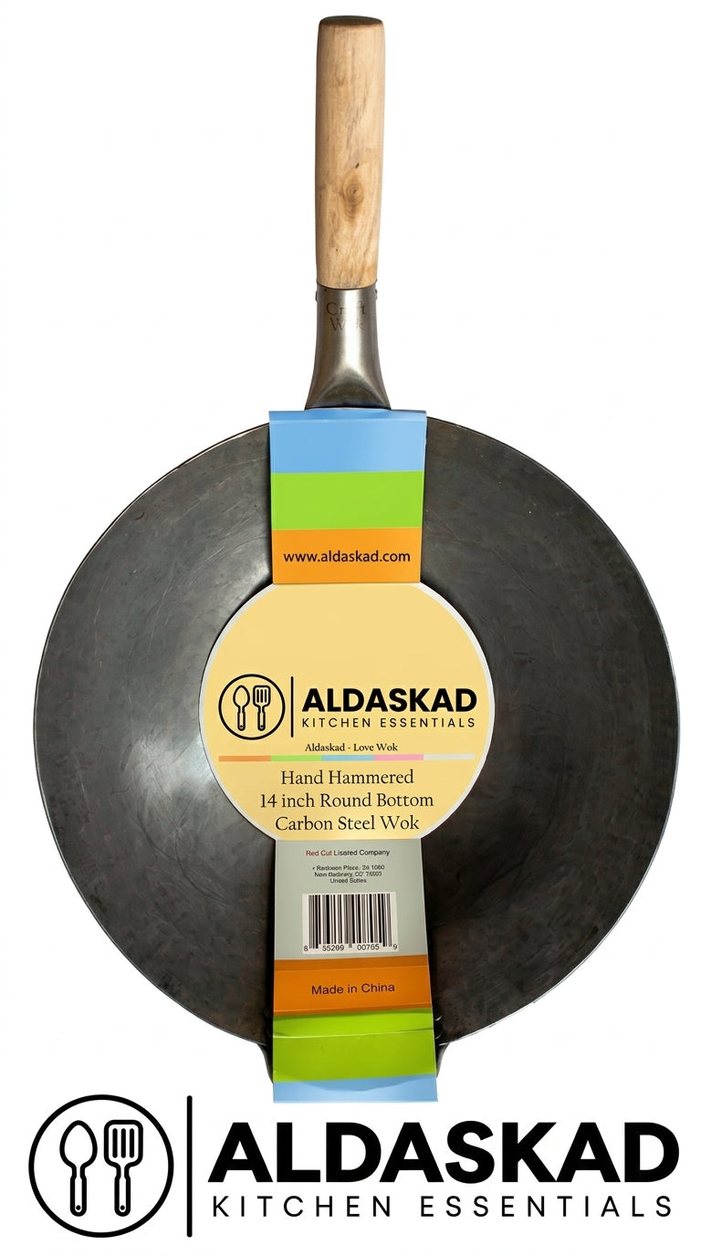 Aldaskad Hand Hammered Carbon Steel Wok 14 Inch Round Bottom
