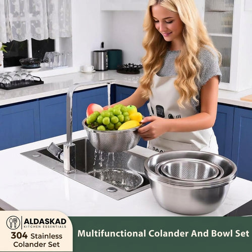 Aldaskad 6 Quart 2-in-1 Stainless Steel Colander Bowl Strainer Set