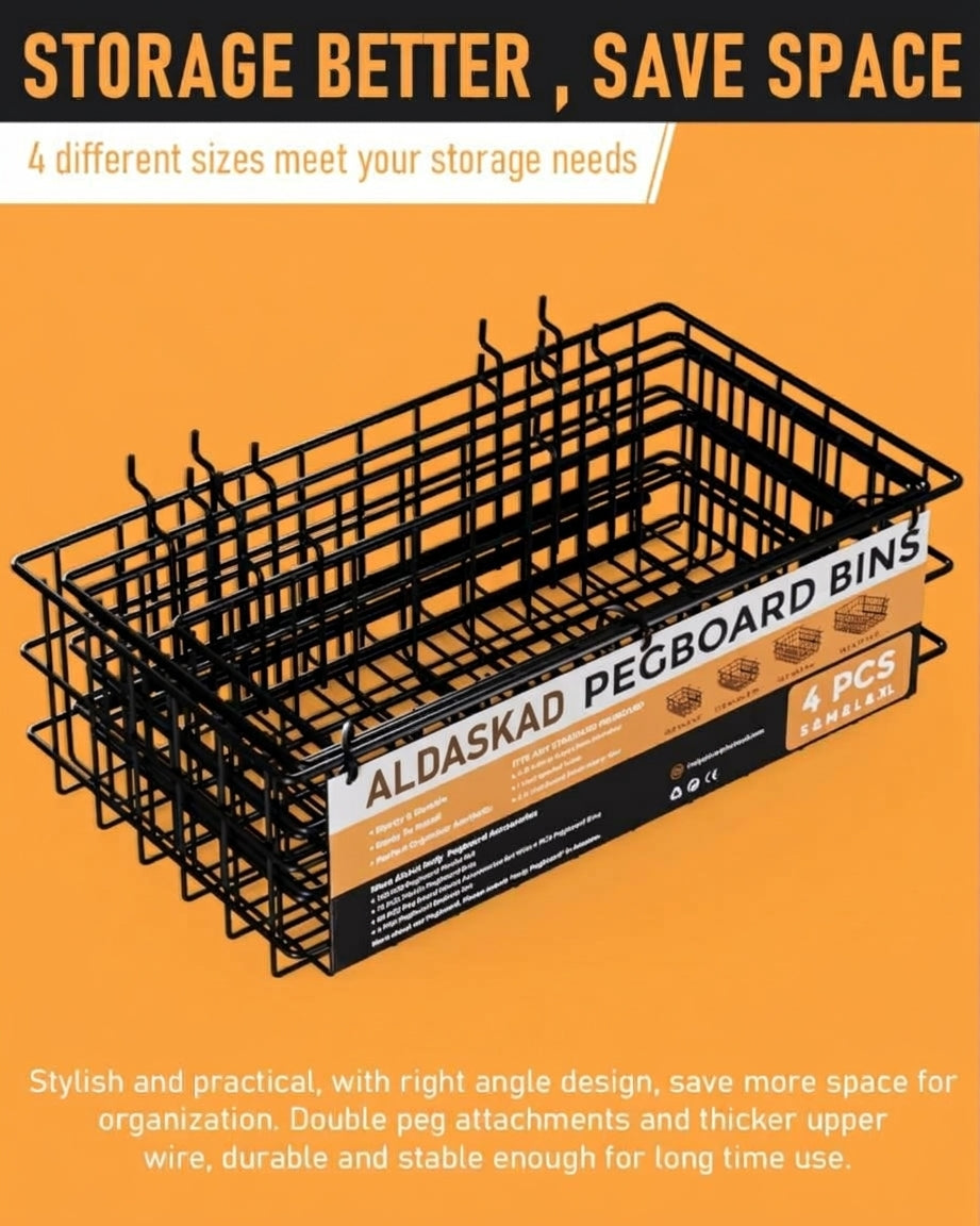 ALDASKAD 4-Pack Heavy-Duty Metal Pegboard Wire Baskets Set (S, M, L, XL)