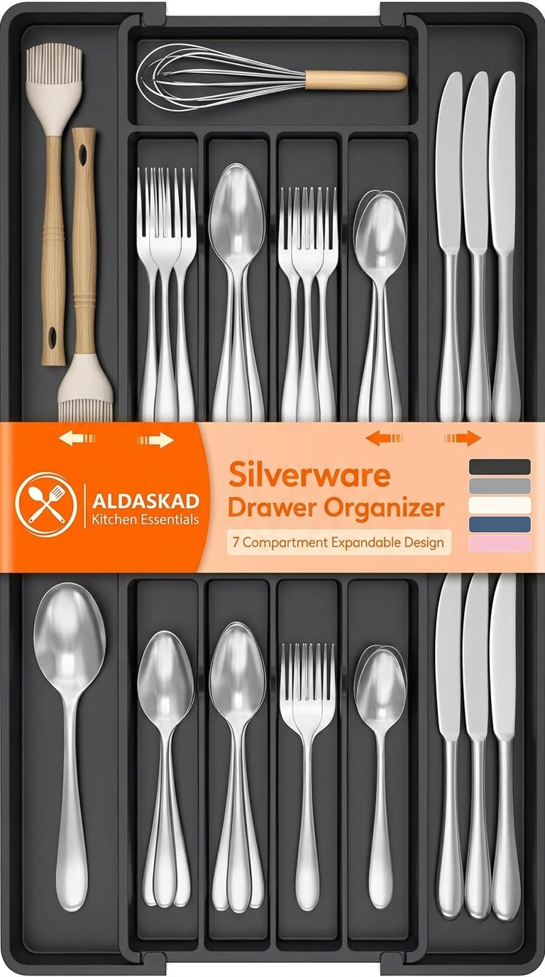 Aldaskad Expandable Silverware Organizer 7-9 Compartment BPA-Free Drawer Tray Utensil