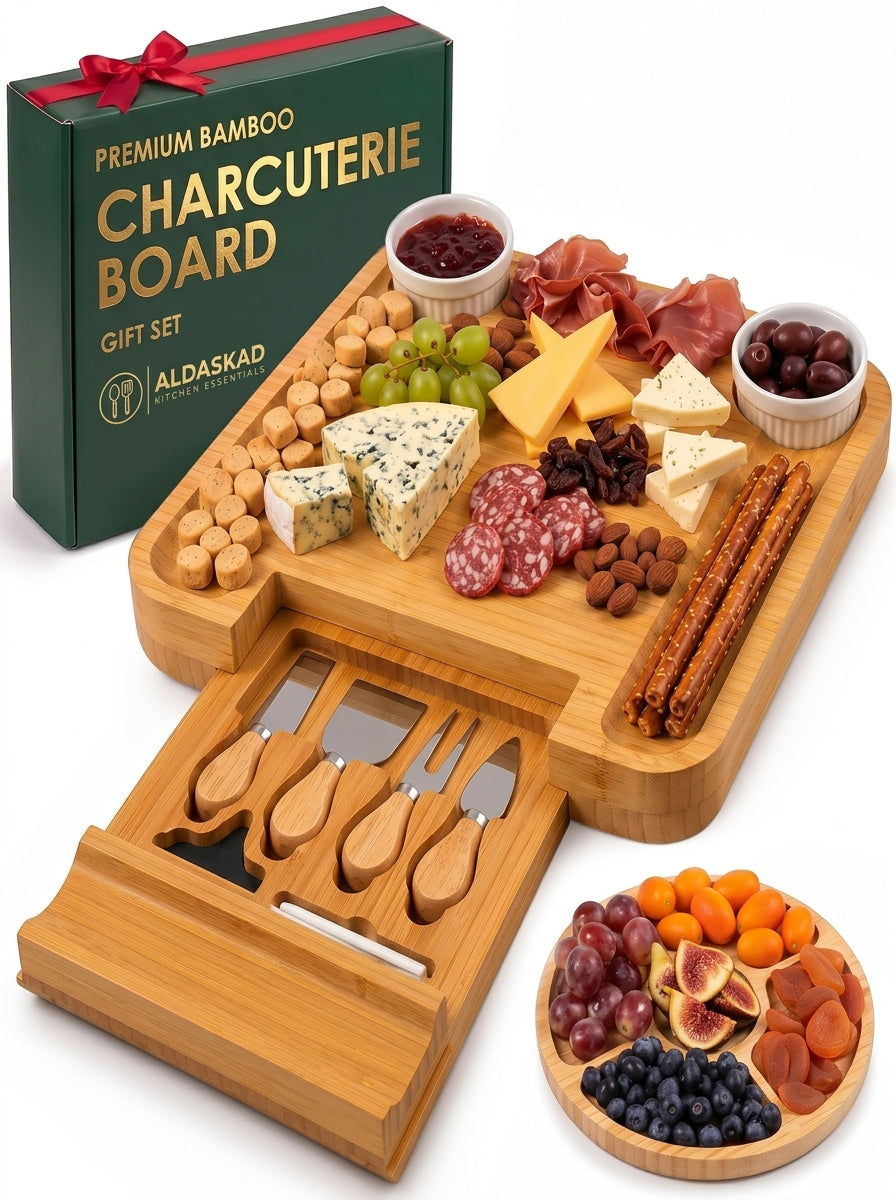 ALDASKAD Premium Bamboo Charcuterie Board Set – Extra Large Cheese Board with Hidden Drawer & Utensil Set