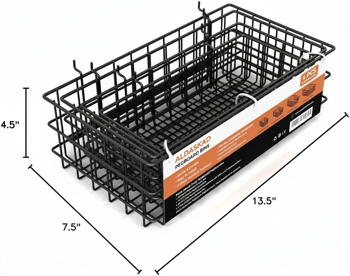 ALDASKAD 4-Pack Heavy-Duty Metal Pegboard Wire Baskets Set (S, M, L, XL)